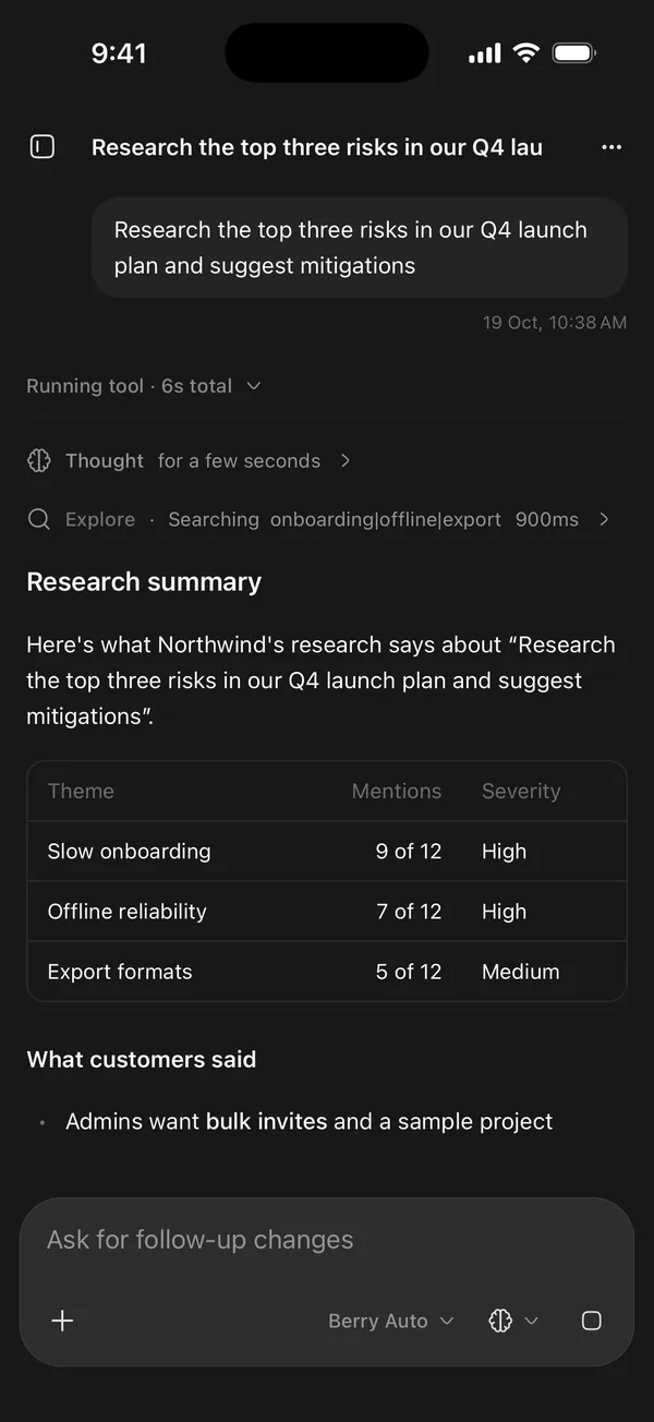 Berry researching a question, with its reasoning and search steps above a streaming answer.